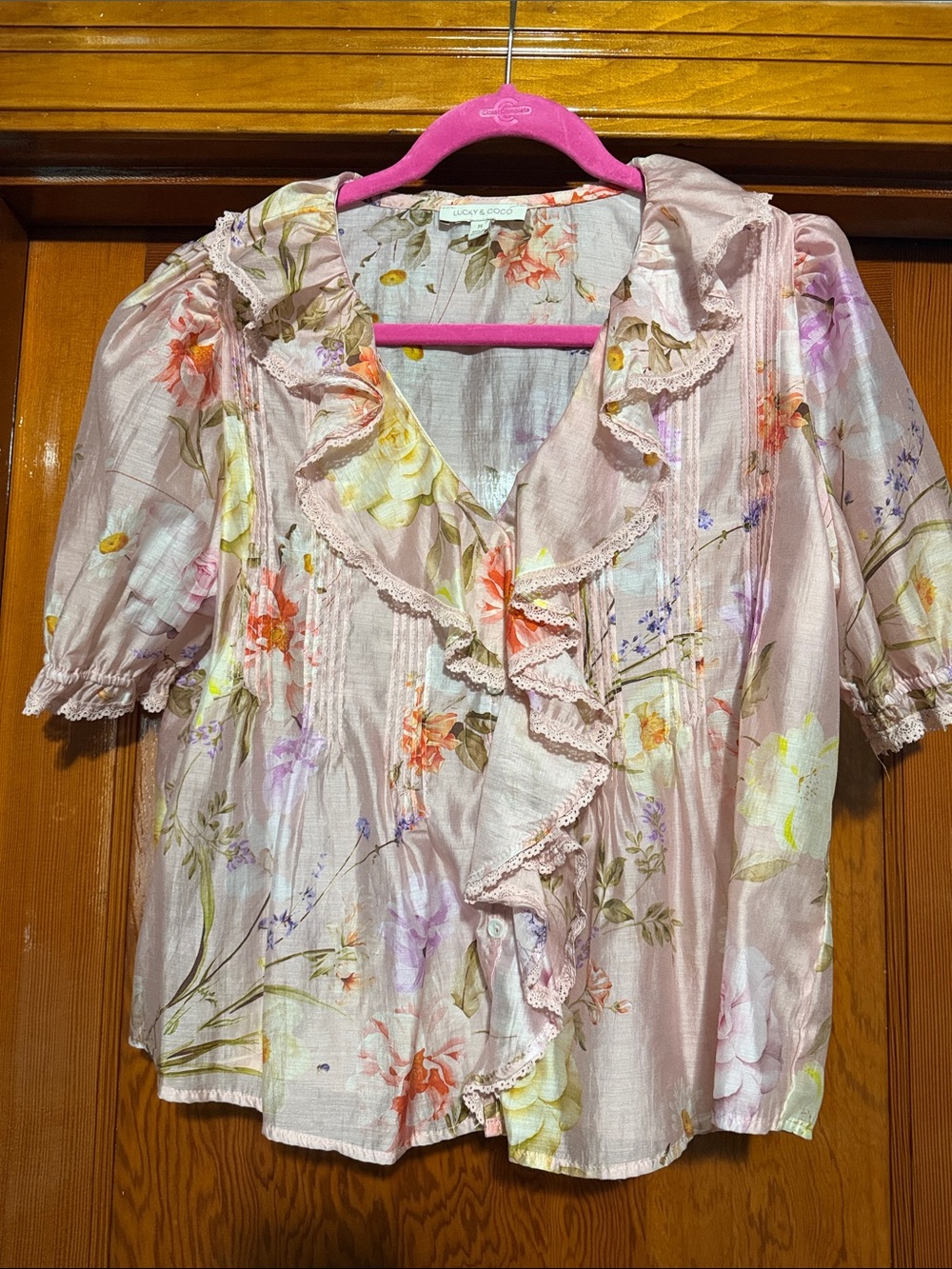 Light Pink Floral Ruffle Short-Sleeve Top